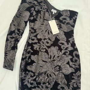 Tobi Black One-Shoulder Sequin Floral Dress